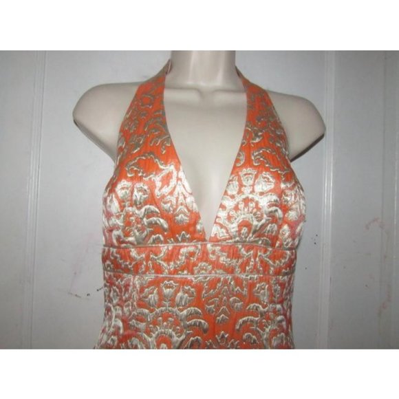 David Meister Orange With Metallic Floral Brocade Print Silk With A Halter Top - Picture 8 of 12